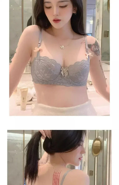BANERDANNI French Lace Bralette Set Breathable Non-Padded Bra for Petite Sheer Floral Lingerie Wireless Comfort Anti-Gap Design