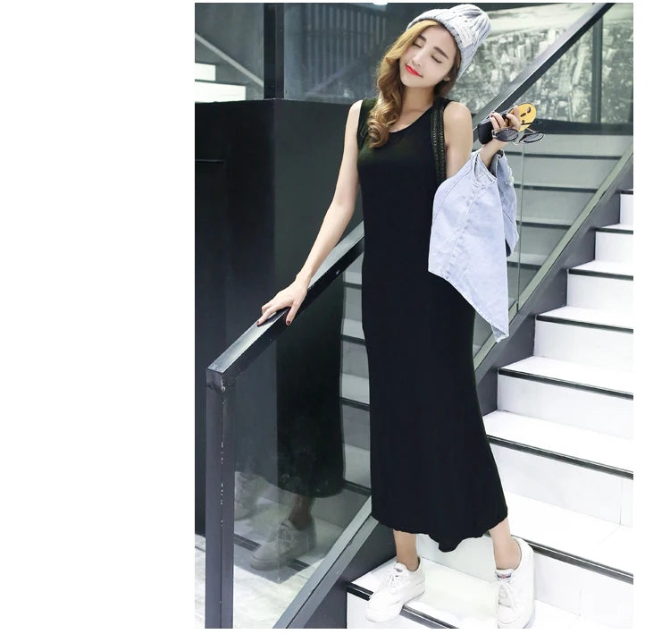 Summer Thin Modal Long Dress Women Loose Black Versatile Dress Strap Vest Skirt Sleeveless Large Size A-Line Korean Style