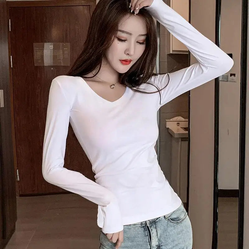 Women's Slim Fit Long Sleeve round Neck T-Shirt Base Layer Shirt Inner And Outer Wear Autumn Style Commute Korean Version