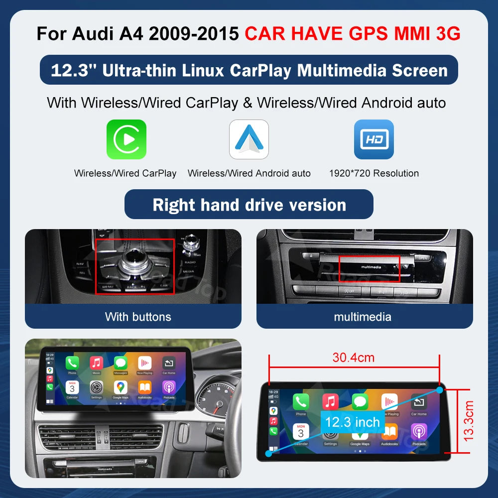 8.9 Inch 12.3"" Multimedia Display Touch Screen For Audi A4 S4 2009-2015 Airplay Miracast Function Wireless Carplay Android Auto
