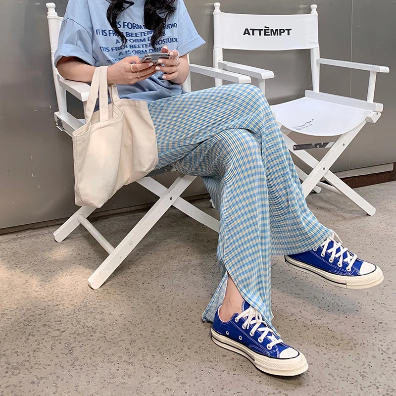 Summer Thin High Waist Casual Wide Leg Pants Women's Folded Texture Split Trousers Cool Korean Style Commute Polyester Cotton