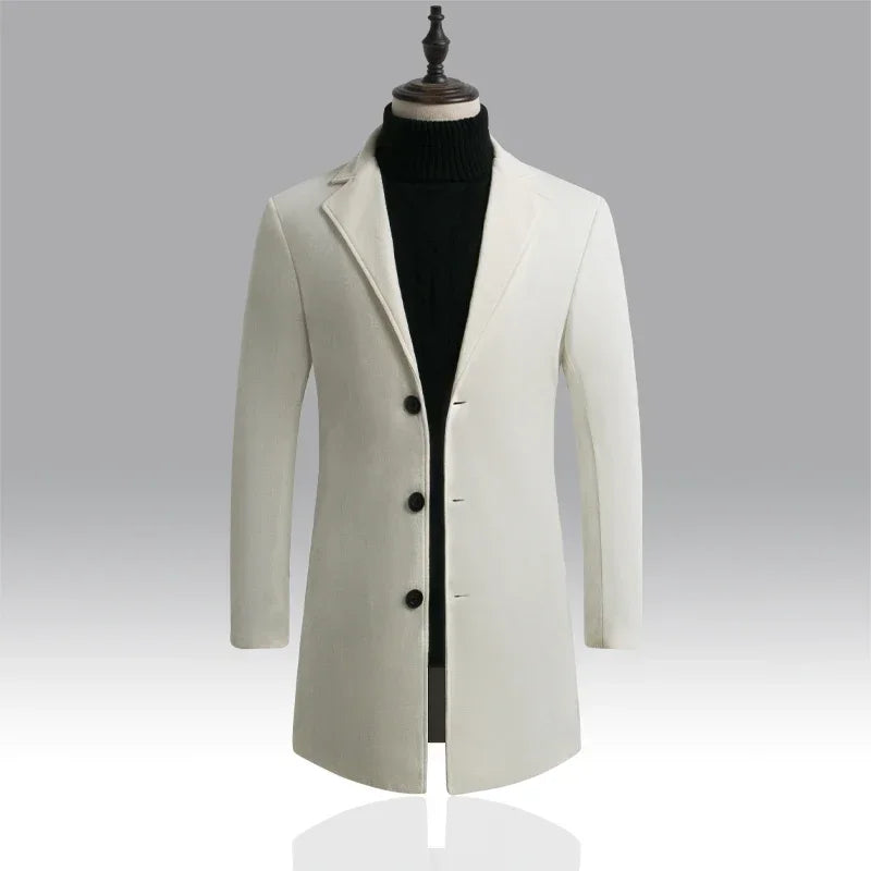 2025Spring Autumn New Long Cotton Coat New Wool Blend Pure Color Casual Business Fashion Men's Clothing Slim Windbreaker Jacket