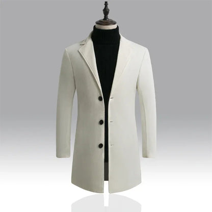 2025Spring Autumn New Long Cotton Coat New Wool Blend Pure Color Casual Business Fashion Men's Clothing Slim Windbreaker Jacket