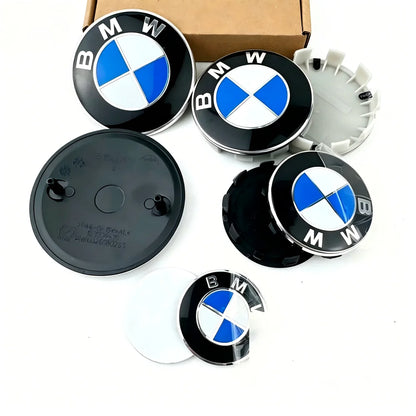 7pcs for BMW E36 E46 E53 E90 E60 E61 E93 E87 50th Car Hood Front Rear Trunk Emblem Wheel Center Hub Cap X1 X3 X5 F30 F20 G30