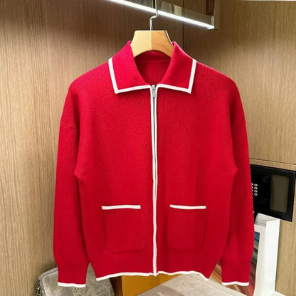 England Vintage Men Patchworked Knitted Sweater Shirts Long Sleeve Zipper Closure Pullovers Turn-down Collar Luxury Men Tops