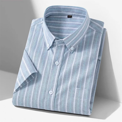 New 100% Cotton Men's Oxford Shirts Short Sleeve Summer Stripe Casual Formal Dress Social Regular Fit White Fashion Clothes 5XL