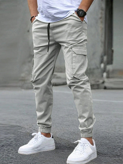 Men's Slim Fit Elastic Waist Cargo Pants Multi-Pockets Cuffed Hem Comfortable for Casual Outdoor Wear