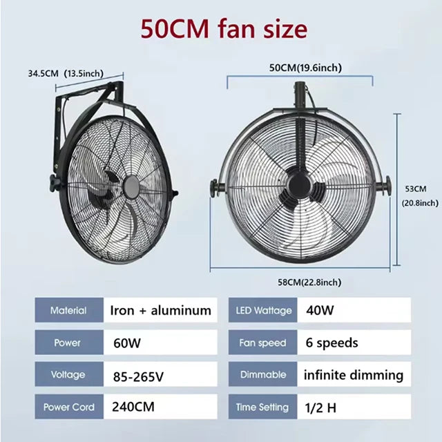Nwe LED Wall Fan Remote Control 6 Speed Electric Fan Ventilation Multi-Adjustable Oscillating Head Timer Ceiling Fan Light