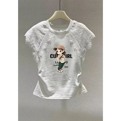 Retro Black Lace Mesh Short Sleeve Top Women Summer Fly Sleeve Short T-Shirt Outlet Store Printed Slim Fit Cotton Polyester