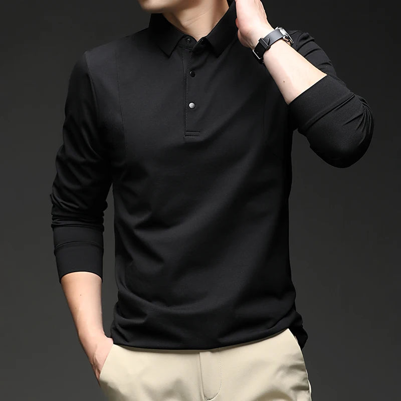 High-end 2026 New Polo Shirt for Men's Top Versatile Casual Business Style Solid Color Long-sleeved Lapel T-shirt Lapel  Shirt