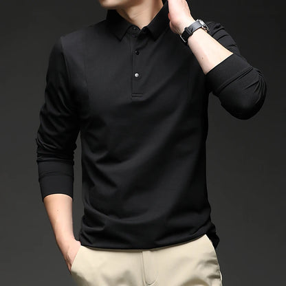 High-end 2026 New Polo Shirt for Men's Top Versatile Casual Business Style Solid Color Long-sleeved Lapel T-shirt Lapel  Shirt