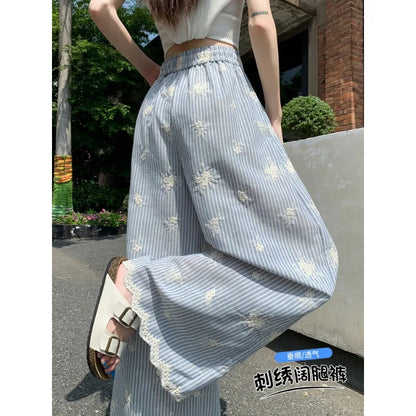 Vintage Blue Striped Embroidered Wide-leg Pants Women's Summer 2026 High-waisted Lace Stitching Casual Straight Trousers Popular