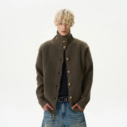 2025 autumn and winter new American retro solid color stand up collar knitted cardigan men's loose button sweater jacket