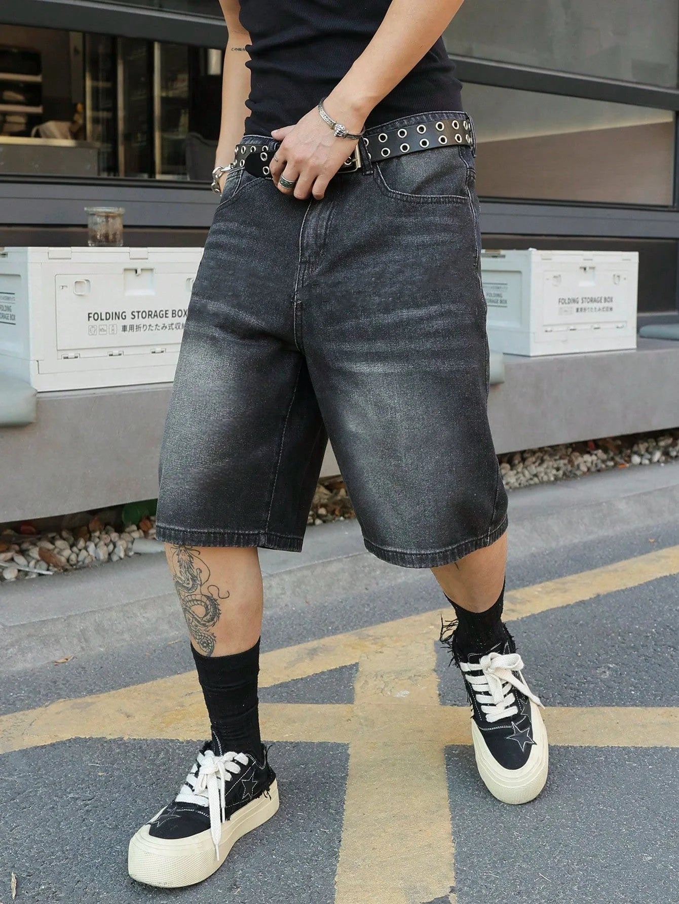 Fashion black non stretch denim jorts men loose fit casual solid color versatile casual style shorts