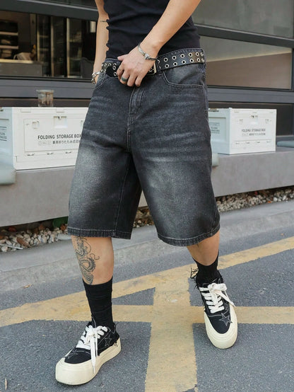 Fashion black non stretch denim jorts men loose fit casual solid color versatile casual style shorts