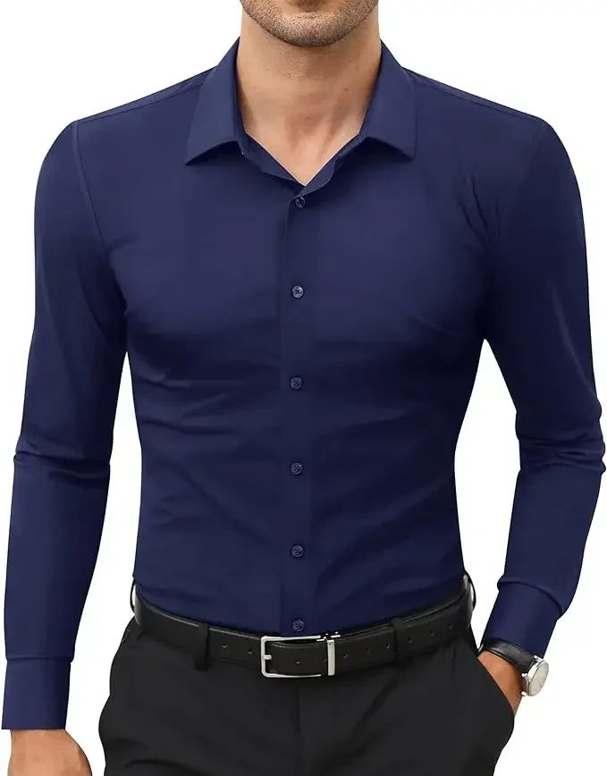 50-130KG non-ironing four-sided elastic men's shirt fashion business dress casual men's long-sleeved solid color shirt