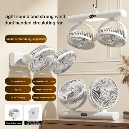 Rechargeable 3 Speed Desk Fan with Light, Dual Head Air Circulation Fan, Type-C Charging, Multi-Mount Portable Air Circulator