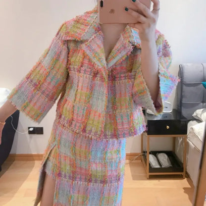 Office Ladies Elegant Mixed Colors Lattice Tweed Jacket Skirt 2 Piece Set Fashion Short Coat Split Skirts Women Matching Sets