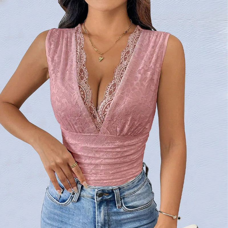 Women's Elegant Lace Bodysuit Deep V Neck Ruched Waist Sleeveless Body Suit Solid Black Party Club Outfit