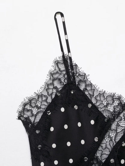HH Women Elegant Polka Dot Lace Slip Tops Asymmetrical Hem Tanks Camis Summer Lady Sexy Lace Splicing Club Party Tops Camisole
