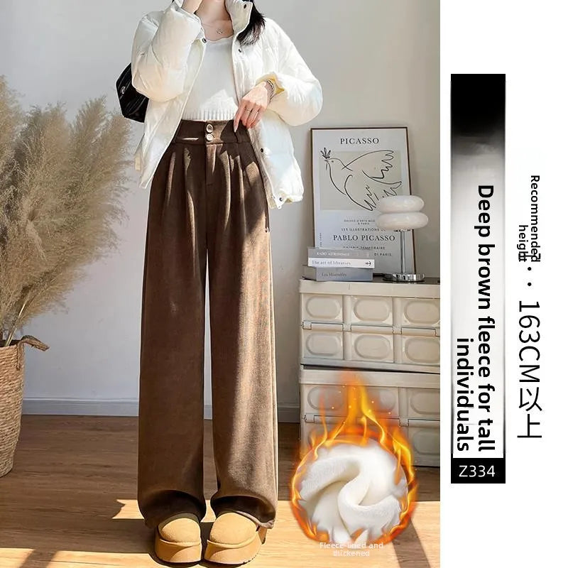 White Corduroy Wide Leg Pants Women's Autumn Winter Slim Straight Drapey Small Size Fleece Lined Suit Trousers