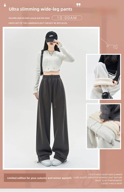 Gray Lamb Velvet Sport Pants Women's High Waist Drapey Fleece Wide Leg Casual Small Size Thickened Cotton Pants
