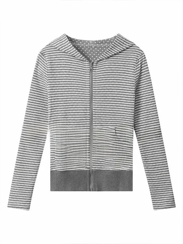 Slim Fit American Style Hooded Cardigan Sweatshirt Women's Short Thin Autumn New Fashion Versatile Open Cardigan Striped Spot...