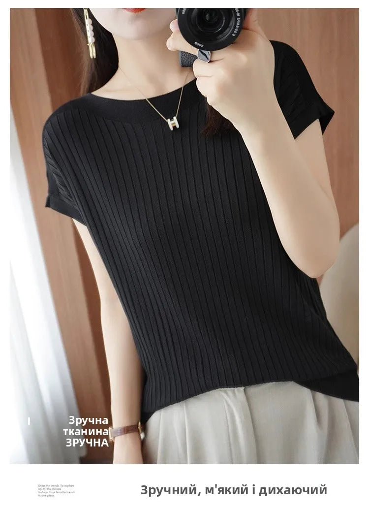 Ice Silk Knitted Top Women Loose Spring Summer New Style Thin Short Sleeve One Shoulder T-Shirt Breathable Comfortable Casual...