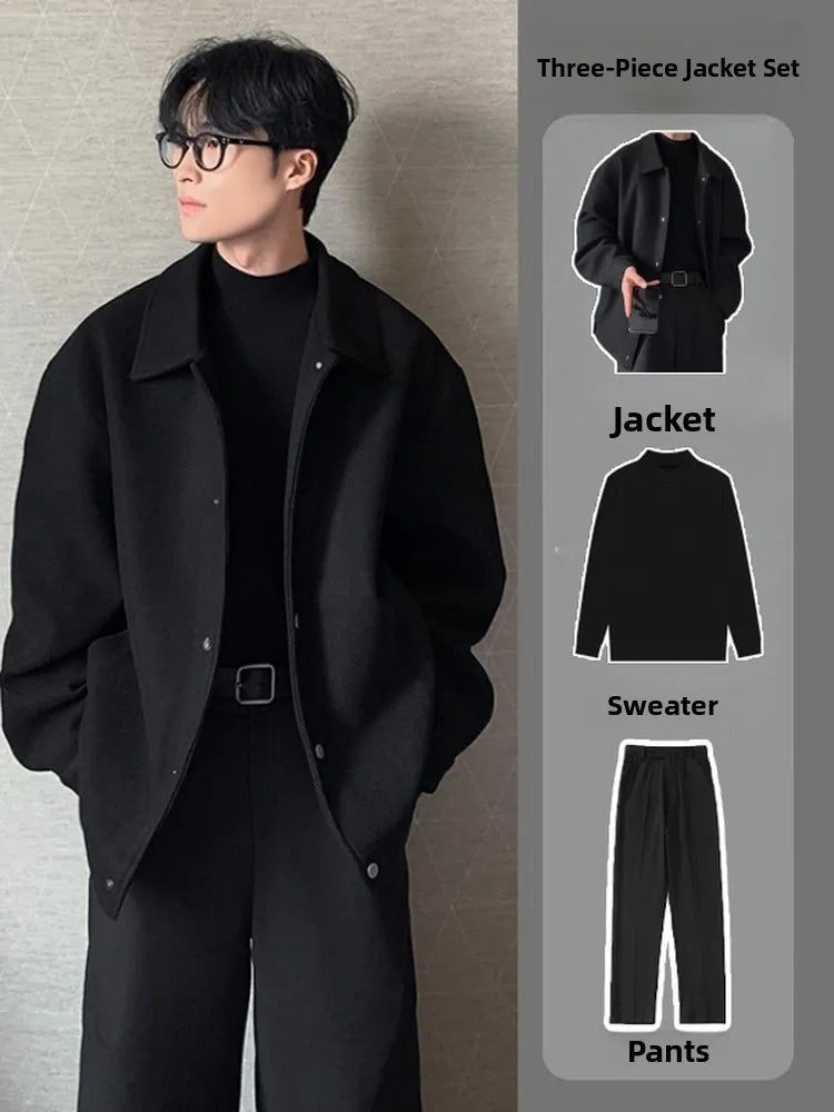 Men's Woolen Jacket Set Casual Autumn Winter Style Youth Long Sleeve Pants Three Piece Suit Elegant Fashionable Men's Wear