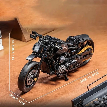 A set of assembled building blocks for a black, retro-style motorcycle toy, perfect for motorcycle enthusiasts as a gift.