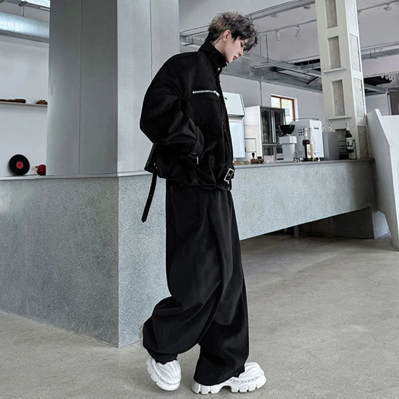 LUZHEN 2025 Winter Handsome Two-piece Sets Solid Color Streetwear Men Belt Decorate Stand Neck Jacket Baggy Casual Pants JY4852