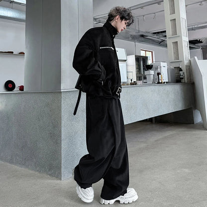 LUZHEN 2025 Winter Handsome Two-piece Sets Solid Color Streetwear Men Belt Decorate Stand Neck Jacket Baggy Casual Pants JY4852