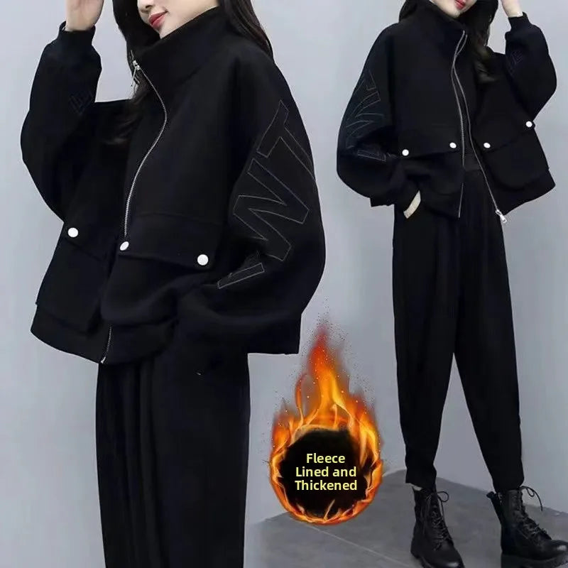 Fashionable Thickened Fleece Women's Large Size Sportswear Set Autumn Winter High Waist Long Pants Two-Piece Suite Anti-Aging