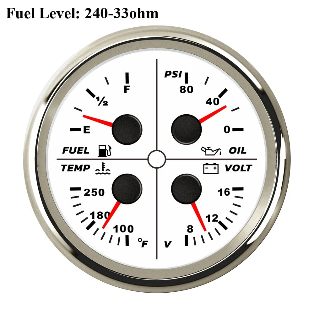 ELING Waterproof Auto Marine 85mm 4 in 1 Gauge Oil Pressure Water Temp Fuel Level Voltmeter for Motorcycle 8-16V