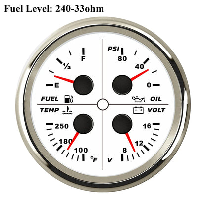 ELING Waterproof Auto Marine 85mm 4 in 1 Gauge Oil Pressure Water Temp Fuel Level Voltmeter for Motorcycle 8-16V