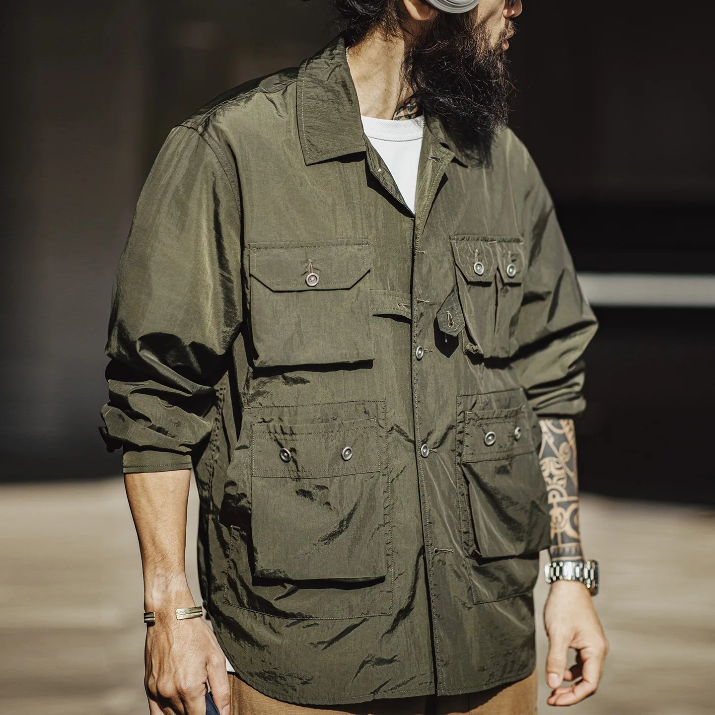 Maden Retro Safari Shirt Lightweight Multi-Pocket Military Green Long Sleeve Single-Breasted Blouse Outdoor Casual Spring Top