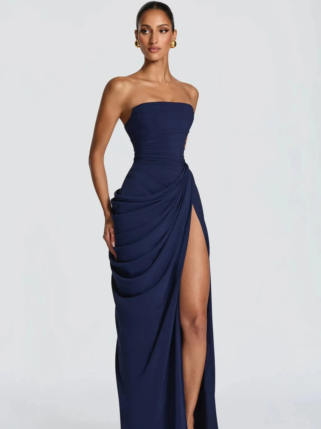 Women Sexy Solid Pleated Strapless Dress Lady Chic Off-shoulder Backless High Waist Split Dresses 2026 New Evening Party Gown