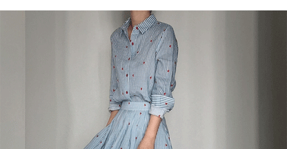 Blue Striped Linen Set Women's Long Sleeve Heart Print Blouse Half Skirt Two Piece Set Summer Fashion Ensemble for Young Women