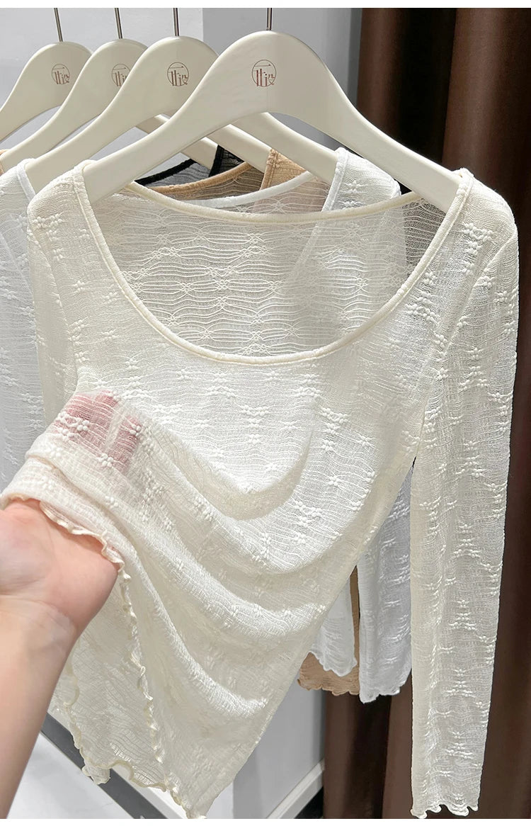 Sexy Lace Base Shirt Inner Wear Light Mesh Top Floral Trim Shoulder Exposure Thin Nylon Fabric Long Sleeve round Neck Spring ...