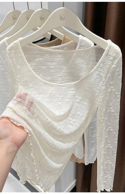 Sexy Lace Base Shirt Inner Wear Light Mesh Top Floral Trim Shoulder Exposure Thin Nylon Fabric Long Sleeve round Neck Spring ...