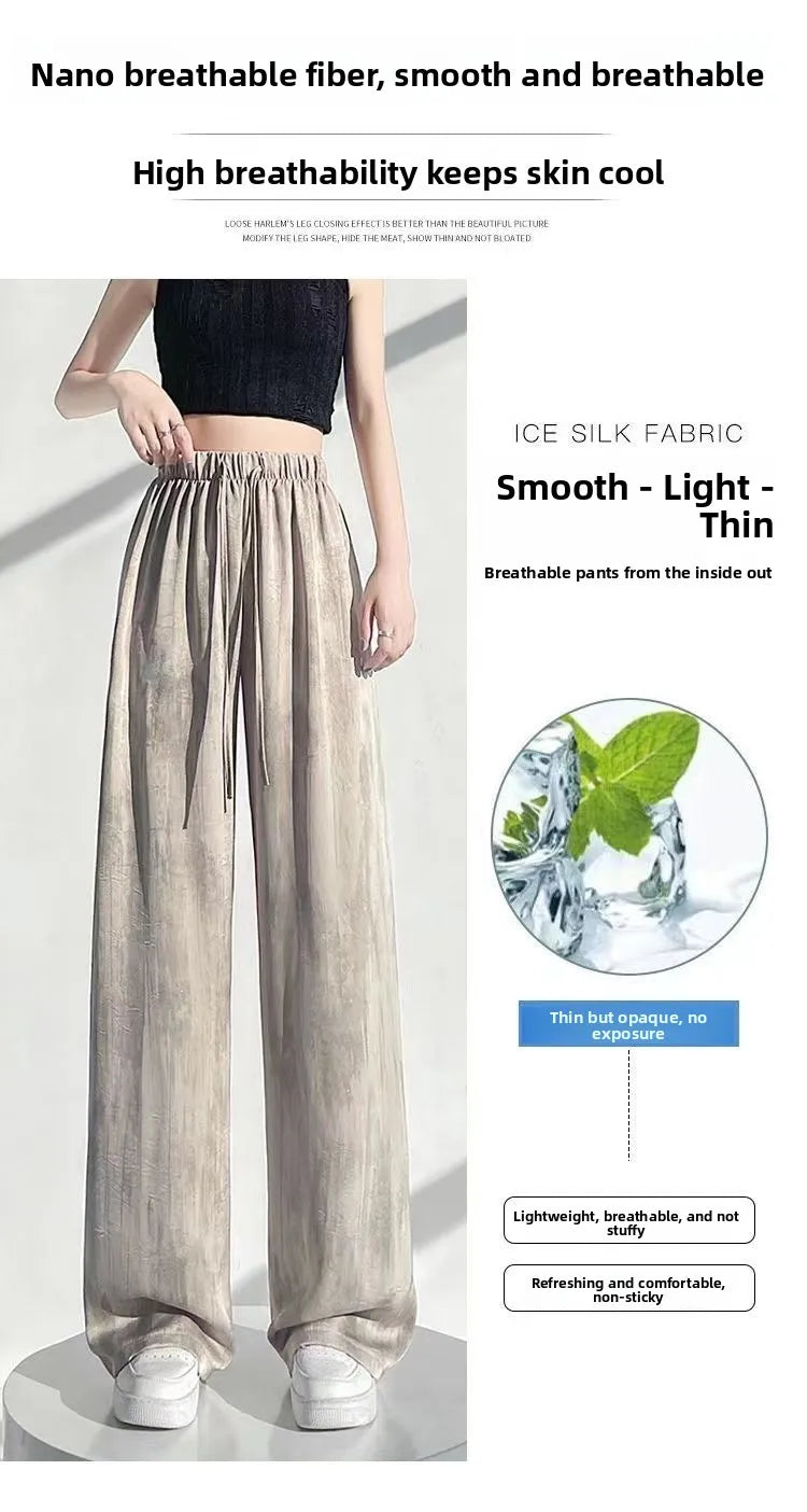Summer Thin Ice Silk Satin Dyed Wide Leg Pants Women Loose Casual Drape High Waist Slimming Pants Ins Straight Leg Elastic Wa...