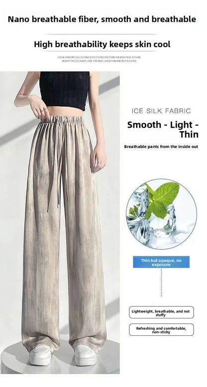 Summer Thin Ice Silk Satin Dyed Wide Leg Pants Women Loose Casual Drape High Waist Slimming Pants Ins Straight Leg Elastic Wa...