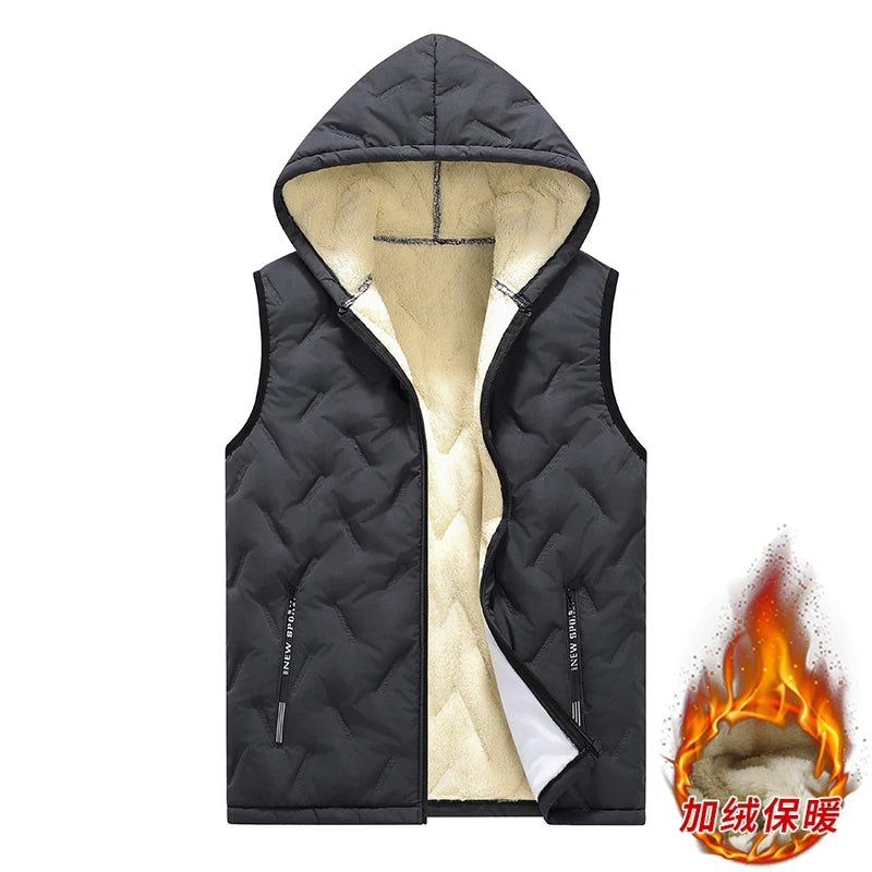 European size Men's Hooded Vest Thermal Padded Winter Jacket Fleece Lined Waistcoat Autumn Warm Quilted Jacket Puffer Vest