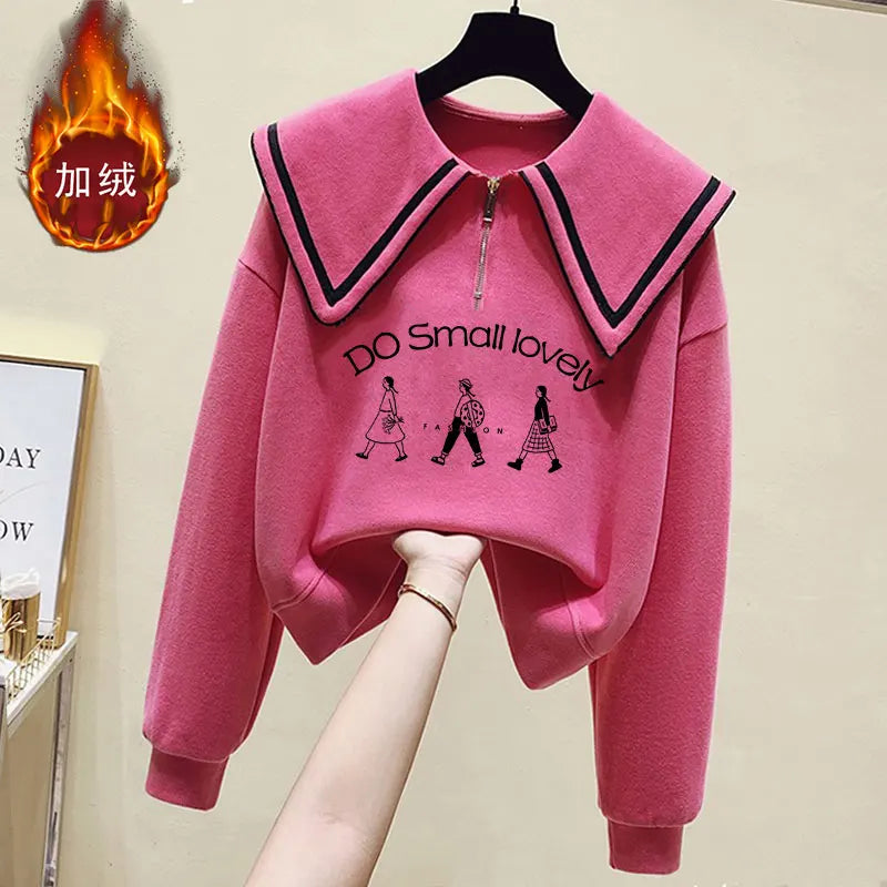 Teenage Girl's Fleece Lined Thickened Navy Collar Sweatshirt Small Size Winter Fashionable Clothing School Sweet Style Zipper
