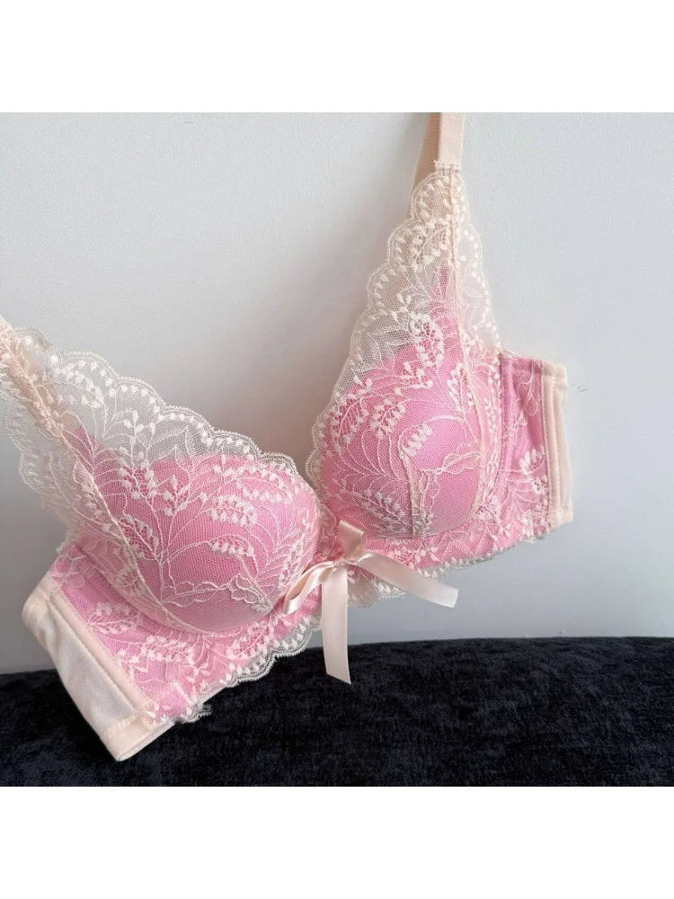 Top Selling Womens Wireless Bra Set French Lace Bow Contrast Color Push Up Thick Padded No Gap Everyday Lingerie For Small Chest