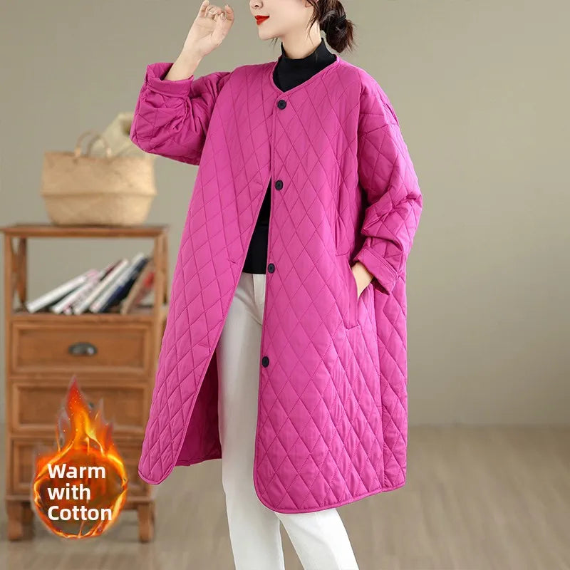 Korean Japanese High End plus Size Cotton Jacket Women's Casual Versatile Diamond Pattern Mid-Length  Color round Neck Coat