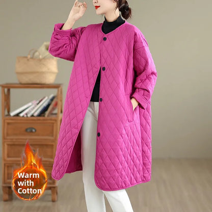 Korean Japanese High End plus Size Cotton Jacket Women's Casual Versatile Diamond Pattern Mid-Length  Color round Neck Coat