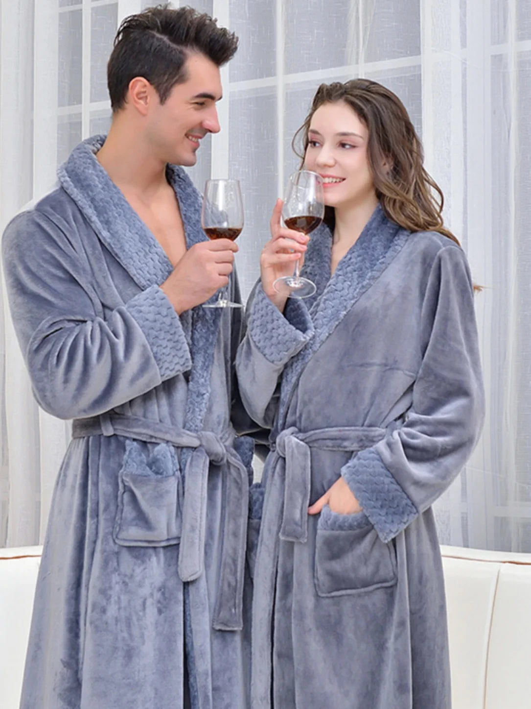 Thickened Fleece Pajamas Sleepwear Hotel Robe Waist-Cinching Long Length Velvet for Couples Autumn Winter Pure Color Home Clo...