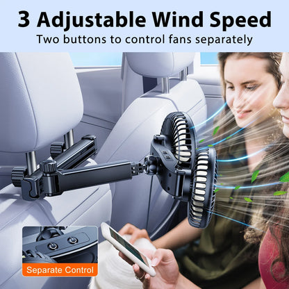 Hipacool Battery Dual Head Fan for Car Backseat with Retractable Long Arm USB Rechargeable Car Seat Headrest Cooling Fan
