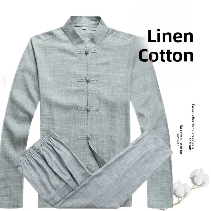 Spring Summer Large Size Linen Cotton Men's Tang Suit Ethnic Style Hanfu Set Home Wear Comfortable Loose Fit Traditional Chin...